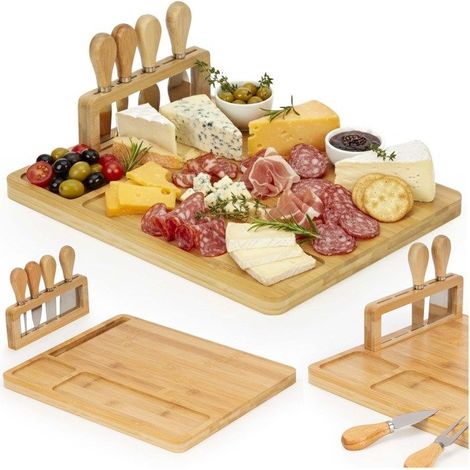 1 planche à fromage en bambou 35x28 cm, avec 3 couteaux et 1 assiette à fourchette, idéale pour apéfs, charcuterie et fromages (1/5)