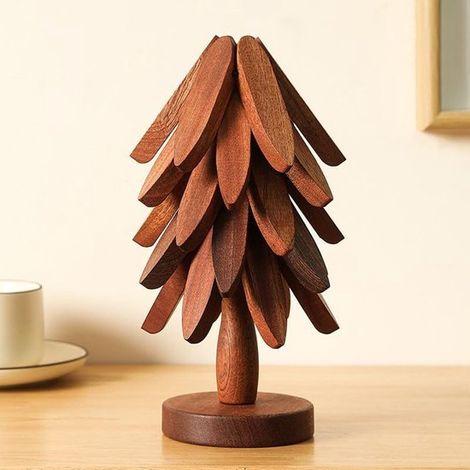 Set de 5 dessous-de-plat en bois – Forme arbre – Résistant à la chaleur – Table et cuisine – Design naturel (1/5)