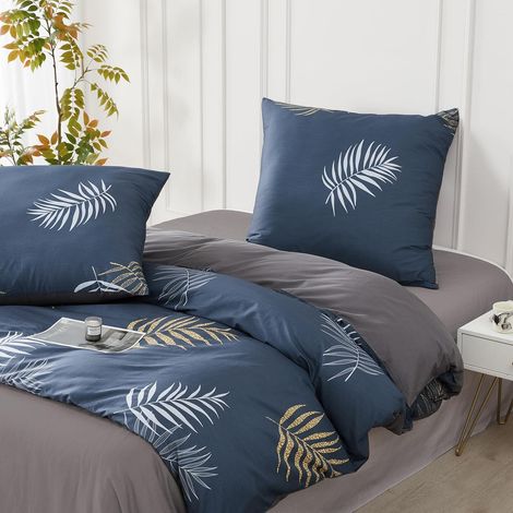 Bettwäsche-Set 200x220 cm Baumwolle Blau mit Blattmuster, 3-teilig, Oeko-Tex