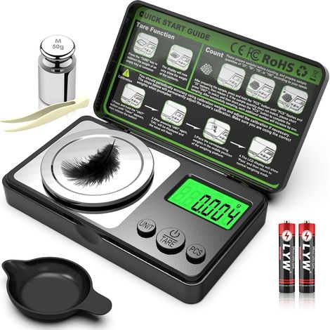 Elektronische Waage - Hochpräzisionswaage - Digitale Milligrammwaage (50 g/0,001 g) - Tragbare Mikrowaage mit Display - 7 Einheiten wählbar - Inkl. Kalibriergewichte, Ablage und Batterien (1/5)