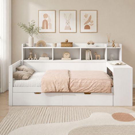 Lit banquette 90x200 cm blanc en panneaux de particules et MDF avec bureau, rangements et prises USB (1/5)