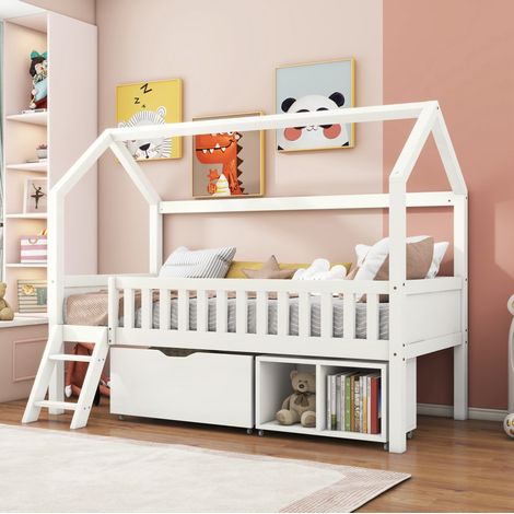 Cama casita 90x200 cm de pino blanca con cajón, para niños, sin colchón – MEUBLIV (1/5)