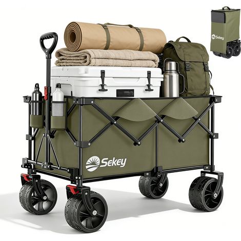 Sekey XXL Plus Faltbarer Bollerwagen Breite Reifen Handwagen Faltbollerwagen – 200 L Volumen, bis 200 kg belastbar, All-Terrain-Räder, Olivgrün (1/5)