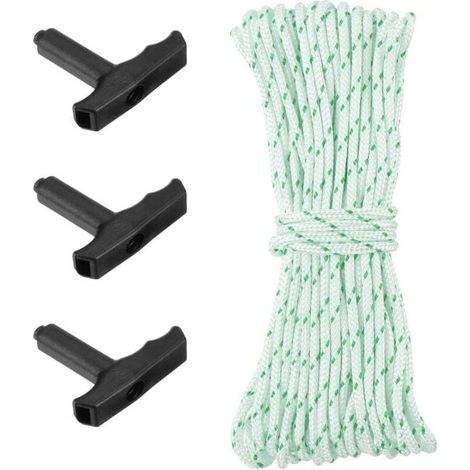 Cordon de Démarrage à Rappel avec 3Pcs Poignées de Démarrage, Corde de Démarrage en Nylon de 10 Mètres et 3,5 mm de Diamètre, Corde de Rappel de Démarrage, Blanc Vert (1/4)