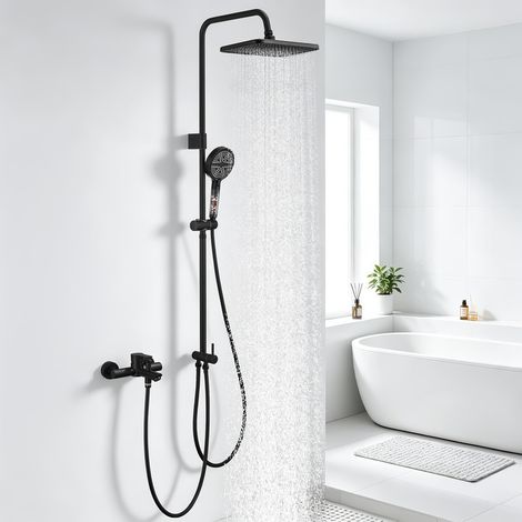 Colonne de Douche Noire avec Mitigeur, Douche de Tête, Douchette 6 Jets avec Filtre, Barre Réglable en Hauteur 900–1150 mm, Installation Murale (1/5)