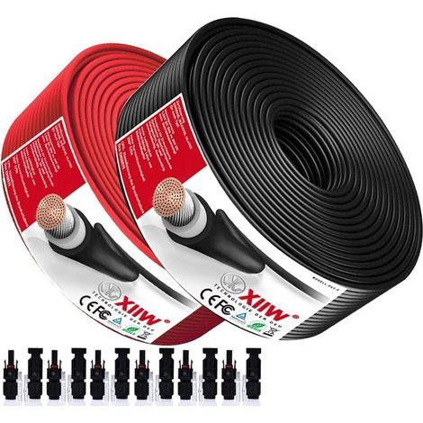 Câble Solaire 2X 6mm² 100m (Rouge+Noir) IP67 Étanche 9AWG max1800V Cable de Rallonge Photovoltaïque Panneau Solaire Câble d'extension avec Connecteurs