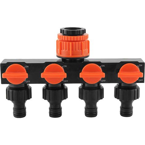 Répartiteur de tuyau d'arrosage 4 voies avec vannes individuelles, connecteur de robinet d'eau extérieur pour irrigation, orange (1/5)