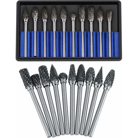 Jeu de Fraises en carbure fichiers rotatifs Acier au tungstène 10pcs diamètre tête Coupe pour Fraise 3mm Tige 6mm la perceuse à découper découpage métal Polissage Gravure perçage(Double Cut) (1/5)