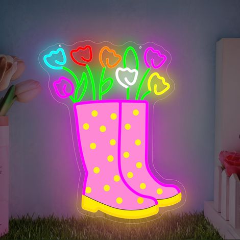 Lampe lumineuse néon botte de pluie tulipe printanière, intensité variable, fleur néon, botte tulipe à pois, décoration murale LED de Pâques, bureau, maison, jardin printanier (1/5)