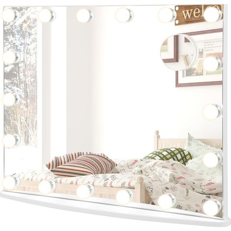 COSTWAY Espejo de Maquillaje con Luces, Espejo de Tocador con 18 Bombillas LED Regulables, 3 Colores de Luz y 4 Brillos, Espejo Iluminado con Espejo de Aumento Adicional, 65 x 52.5 x 14 cm (1/5)