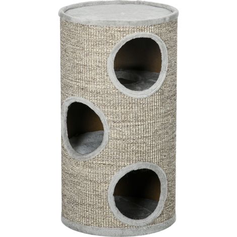Tonneau à gratter pour chat, tour à griffer en sisal à 3 niveaux recouvert de peluche, Ø 38 x 70 cm, gris (1/5)
