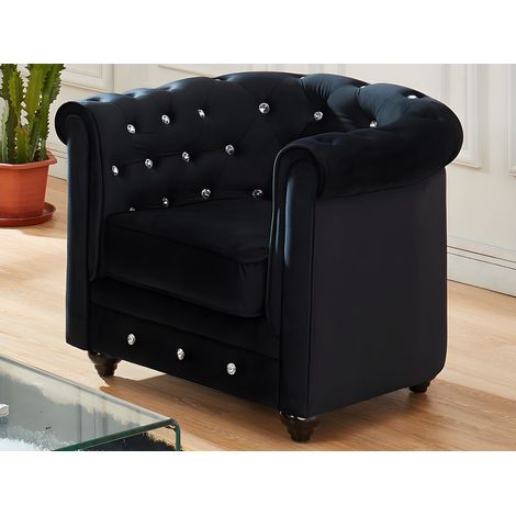 Lot de 2 Fauteuils CHESTERFIELD - Velours noir et boutons effet cristal