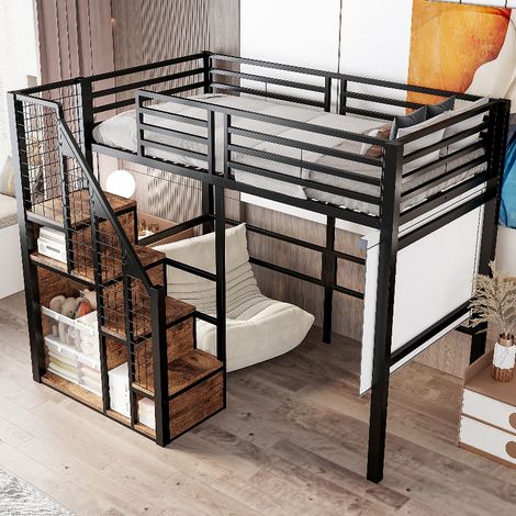 Hochbett 90x200 mit integriertem Schrank und Kleiderstange, stabiles Kinderbett aus Metall mit Sicherheitsleiter, platzsparendes Jugendbett, Schwarz (1/5)