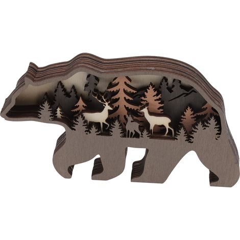 Statue d'animal en bois, sculpture exquise, détails raffinés, artisanat en bois avec guirlande lumineuse, ours, idéal pour offrir ou décorer la maison. (1/5)