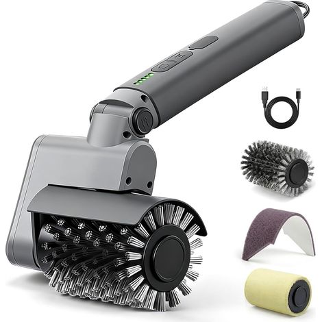 Kit Brosse Barbecue Électrique 3-en-1 – Nettoyeur sans Fil 450 TR/Min avec Têtes en Acier Renforcées – Autonomie 120 Min, Étanche IPX7 & Brosses Amovibles Lavables au Lave-Vaisselle (Gris Clair)
