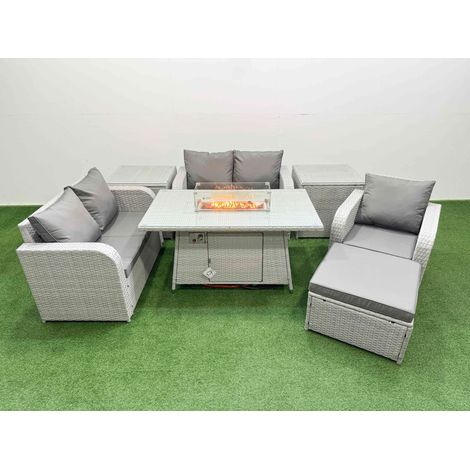 Fimous High Back Poly Rattan Garden Furniture Set with Reclining Chair Loveseat Sofa Firepit Dining Table Indoor Outdoor Patio Set Big Stool 2 Side Table Light Grey (1/4)