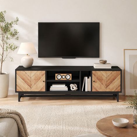 Mobile TV 150x38x50,5 cm nero e aspetto legno, metallo e pannello truciolare con 2 ante (1/5)