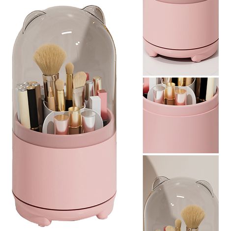 360° drehbare Aufbewahrungsbox für Make-up-Pinsel mit staubdichtem, transparentem Deckel und großem Fassungsvermögen, Rosa (1/5)