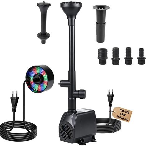 Pompe Bassin Exterieur Pompe à Fontaine 2500L/H Pompe à Eau Ruisseau 45W Aquarium Submersible Fontaine Exterieur Pomp de Filtration avec 30 Ampoules Colorées, 4 Buses, 3M Câble, 3 Fontaines (1/5)