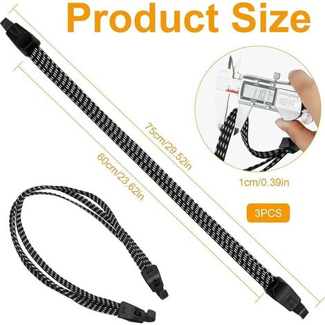 3 Pièces Tendeurs Elastique avec Crochets, 75cm Tendeur Velo 3 en 1 Réglables, Sangle Elastique Noir pour Porteur de Bagages, Panier Arrière de Vélo et Moto (1/4)