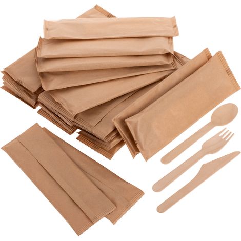 PrimeMatik - Paquet de couverts en bois naturel biodégradable avec serviette, 25 pièces. (1/5)