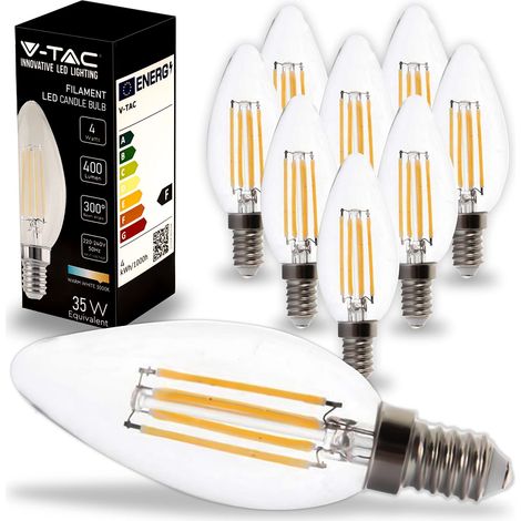 V-TAC 10x Lampadine LED Filamento Candela con Attacco E14-4W (Equivalenti a 35W) - 400 Lumen - Lampadina LED Massima Efficienza e Risparmio Energetico - 3000K Luce Bianca Calda (1/5)