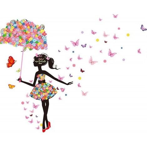 Muursticker - décoration murale salon - Décoration murale - pour salon chambre - 3090cm - PVC - coloré - fleurs, parapluie, fille (1/3)