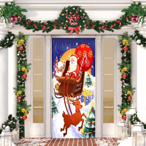 Stickers de porte de Noël, décorations de porte Père Noël, décorations de fête du Nouvel An, décorations de fêtes, banderoles/décorations de porte - 90 x 180 cm (avec trous et ruban) - 20