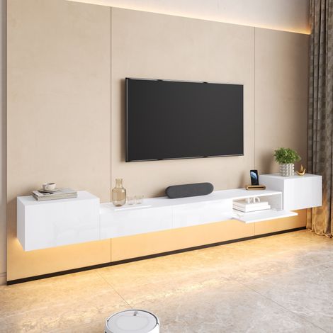 Meuble TV Suspendu 245 cm Portes Brillantes avec LED App - Meuble Bas de Salon, Design Flottant Moderne - Meuble Télé Blanc (1/5)