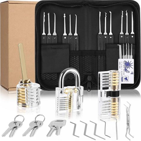 Kit de Crochetage 34 Pièces, Outils de D’entraînement avec 3 Serrure Transparente Cadenas, Lock Picking Kit, Poignée en Silicone Confortable, pour Serruriers Débutant et Pro (1/5)