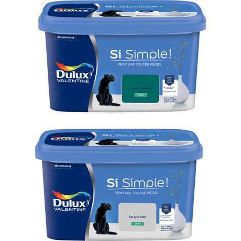 Dulux Valentine Peinture Si Simple Lot de 2 Peinture Intérieure Toutes Pièces Satin - Peinture Murs et Plafonds, Portes et Plinthes - Couleurs : Le Gris Clair & Le Vert Canard 2,5 L