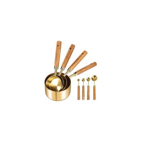 Set di 8 misurini e cucchiai dosatori con manici in legno, realizzati in acciaio inox color oro, per misurare ingredienti secchi e liquidi. - Crezuo