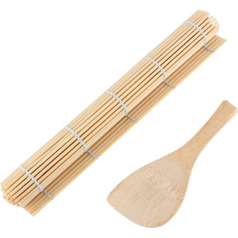 Kit à sushi en bambou naturel : rouleau à sushi DIY, natte à makis et spatule à riz, ensemble complet pour préparer vos sushis maison. (1/3)