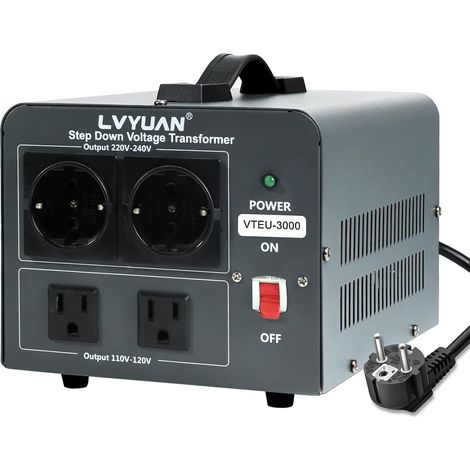 Convertisseur de tension Step Down 220-110V Transformateur de puissance 3000W, avec interrupteur ON/OFF, protection de circuit réinitialisable, 2 sorties 230V et 2 sorties 110V (1/5)