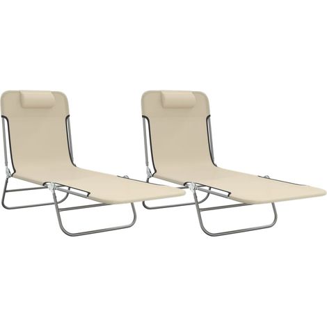 Chaises longues Transat Bain de soleil pliables lot de 2 crème textilène et acier (1/5)