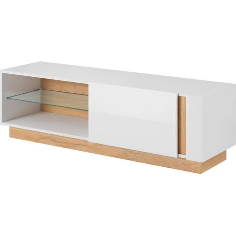 Mobile TV con 2 ante a ribalta e ripiano in vetro design minimal rovere e bianco