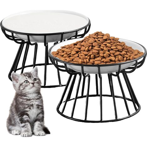 Cat Bowl Set of 2 Elevated Ceramic Cat Bowls Double Cat Bowls Non-Slip Ceramic Cat Bowls for Cats Small Dogs White (1/3)
