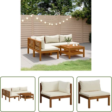 vidaXL Akazienholz - 5-tlg. Garten-Lounge-Set mit Creme Kissen Massivholz Akazie (1/5)