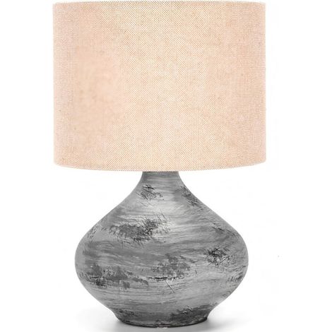 Lampe Déco Céramique Vintage Grise - Abat-Jour Tissu Beige - Douille E14 - Sans Ampoule