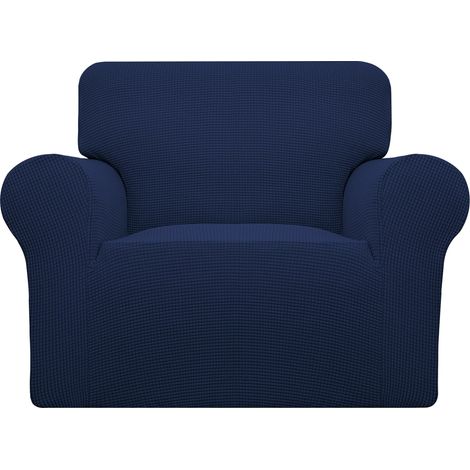 Housse de Fauteuil Extensible 1 pièce pour canapé - Protection de Meubles Doux avec élastique en Bas pour Enfants - Tissu Jacquard élasthanne à Petits Carreaux (Chaise, Bleu Marine) (1/5)