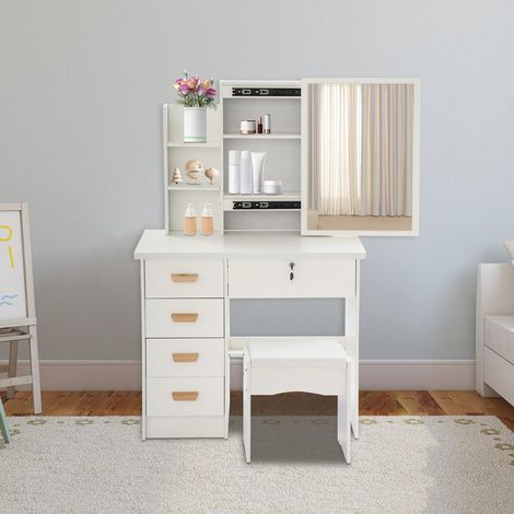 Coiffeuse avec miroir, tiroirs et étagères, meuble-lavabo avec tabouret, armoire de rangement, organiseur de cosmétiques, 5 tiroirs, blanc, 35 x 80 x 128 cm (1/5)