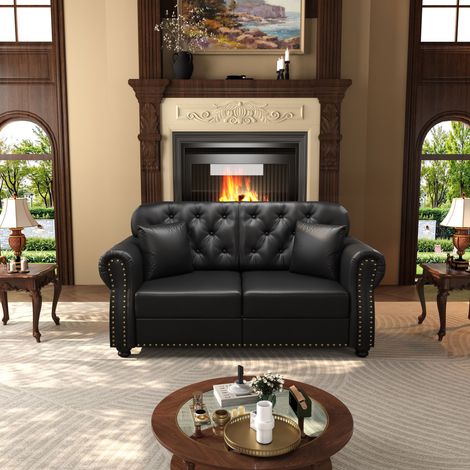 Canapé 2 places Chesterfield 160 cm en cuir synthétique, assise avec ressorts ensachés, dossier capitonné à boutons, accoudoirs roulés, décoration clous - Noir (1/5)