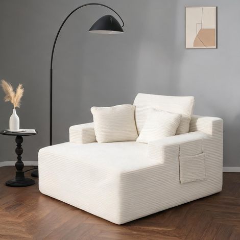 Canapé fixe 3 places en velours côtelé beige avec rangements (1/5)