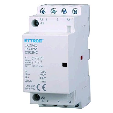 Ettroit – Contacteur pour tableau électrique 4 pôles 25 A 220 V CA – 2 contacts NO + 2 contacts NF – Montage rail DIN – JX74251