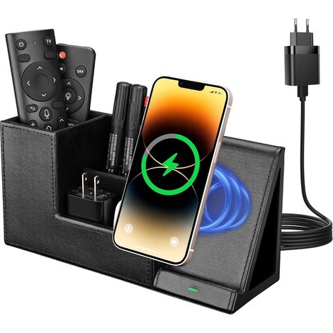 Porte-stylo 2 en 1, organiseur de bureau avec chargeur sans fil rapide, accessoires de bureau, 10 W, station de charge par induction compatible avec iPhone 15, 14, 13, 12 Pro Max et Samsung Galaxy S23