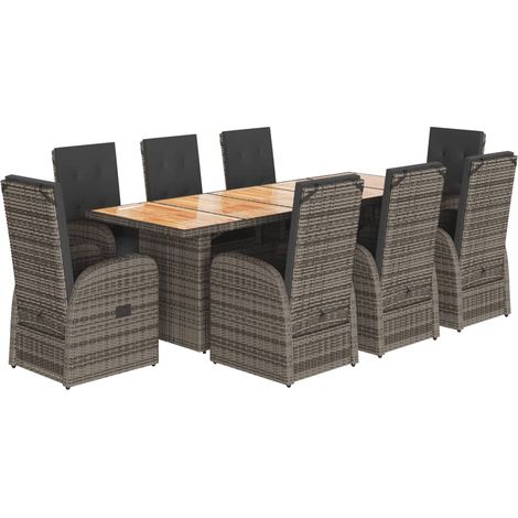 9-tlg. Garten-Essgruppe mit Kissen Grau Poly Rattan vidaXL