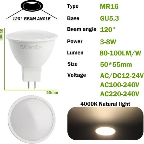 10 pcs Ampoule projecteur LED MR16 GU5.3, 6 W, 4000 K, angle de faisceau 38°, 220-240 V CA, pour éclairage intérieur (1/5)