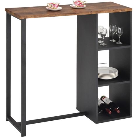Idimex – Table haute de bar rectangulaire 104x40 cm – MDF chêne sauvage et métal noir – 3 étagères de rangement avec porte-bouteilles