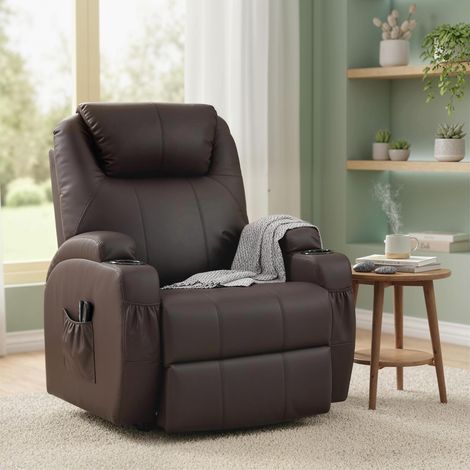 Sillón reclinable con función de elevación, incluye mando a distancia, portavasos, respaldo ajustable, color marrón. (1/5)