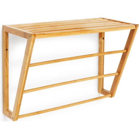 Portasciugamani da parete con mensola e 3 barre portaoggetti per bagno 60 x 30 x 10 cm in bambù naturale 130003236